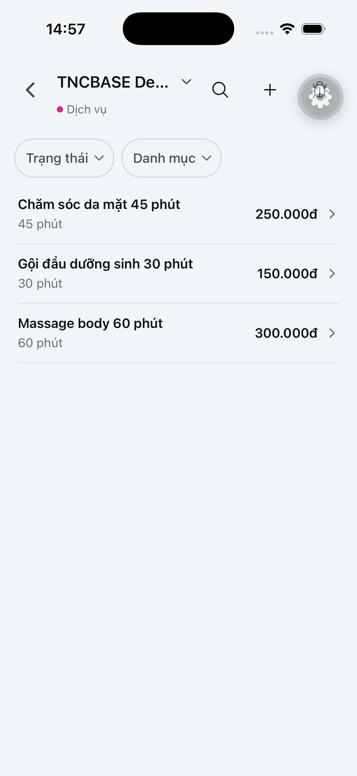 Danh sách dịch vụ spa với thời lượng và giá