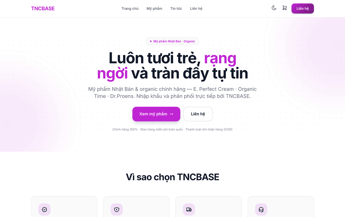 Website cửa hàng dựng trên TNCBASE hiển thị trong khung trình duyệt